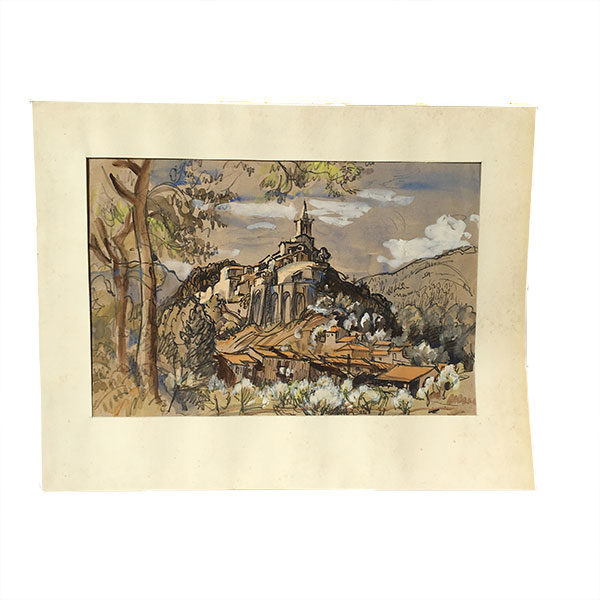 Dessin à l'aquarelle, feutres et encre de Chine représentant le village de Contes en Provence-Alpes-Côte d'Azur.