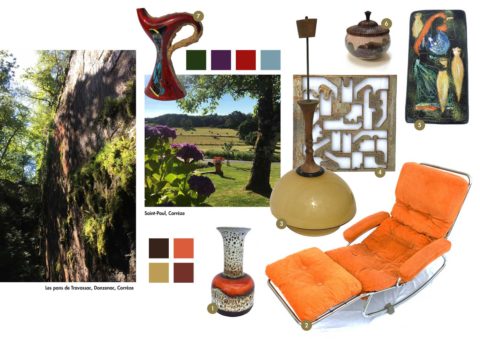 Une planche tendance esprit campagne inspirée d'un weekend en Corrèze, des tons naturels, des couleurs vives et harmonieuses - Des pièces de décoration uniques issues de la brocante de Madame M et de créateurs - Eshop Madame M